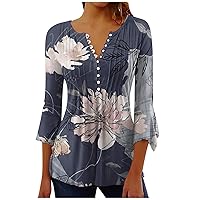 Women's 3/4 Sleeve Blouses Casual Button Down V Neck Shirts Tops Floral Print Loose Hide Belly Tunic Blouses for Leggings