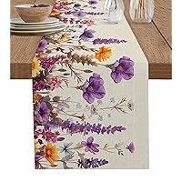 Rustic Floral Table Runner 70 Inches Long for Dining Table, Cotton Linen Farmhouse Table Runner Washable Coffee Table Runners Dresser Scarf for Kitchen Party Seasonal Daisy Lavender Wild Flowers