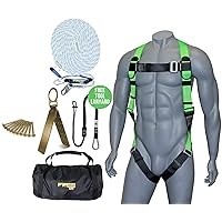 AFP 50FT Fall Protection Roofer Kit Braided Vertical Lifeline w/Rope Grab, 1 D-Ring Safety Harness, Hinged Anchor, Ballistic Nylon Tool Bag, Free Tool Lanyard | OSHA & ANSI Rated