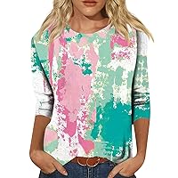 Spring Fashion for Women 2024 Ladies 3/4 Sleeve Tops Crewneck Cute Shirts Casual Trendy Print Blouses Three Quarter Length Blouses X-Large Pink
