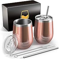 Stemless Insulated Wine Tumbler Set with Lid, 12oz 2 Pack Stainless Steel  Double Walled Metal Wine & Champagne Tumbler with Straw and Brush for  Camping, Travel and Outdoor, Silver 