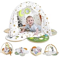 5-in-1 Baby Play Gym Mat, Tummy Time Activity Mat with 7 Toys for Stage-Based Sensory and Motor Skill Development, Washable Play Mats for Infant, Baby Toys Gift for Toddler Infant 0-3-6-9-12 Months