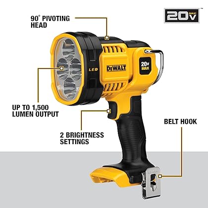 DEWALT 20V MAX LED Work Light, 508 Yard Distance, 90 Degree Pivoting Head, 1500 Lumens of Brightness, Cordless (DCL043), Yellow