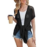 GRACE KARIN Mesh Cardigan Sweaters for Women Crochet Short Sleeve Open-Front Long Cardigan Cover ups Knitted Sheer Tops