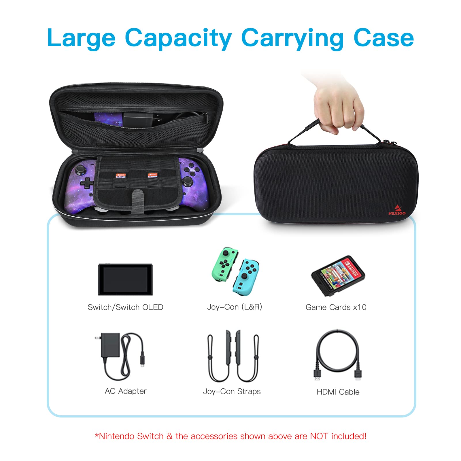 NexiGo Switch Accessories Essential Kit, Hall Effect Gripcon (No Drift, No Deadzone) for Switch/Switch OLED, 6-Axis Gyro, Turbo, Mapping, Game Storage Case with 10 Game Card Holders