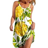 Summer Dress for Women Casual Beach Boho Tropical Fruit Print Sundress Sleeveless Mini Dress Cute Loose Tank Dresses