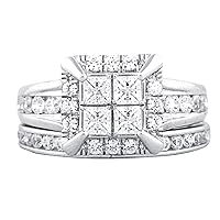 14k White Gold 2 cttw Princess and Round White Diamond Bridal Engagement Ring Set for Women (Color I-J, Clarity I2-I3)
