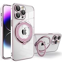 Foldable Ring Case for iPhone15/15 Pro/15 Plus/15 Pro Max, [Compatible with MagSafe] with Invisible Stand, Clear Back with Metal Camera Protection Ring,Pink,15 Pro Max
