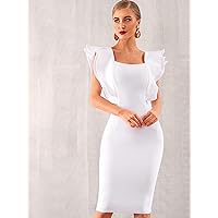 Women's Dress Dresses for Women Solid Exaggerate Ruffle Trim Zip Back Cocktail Party Bandage Fancy Dress (Color : White, Size : X-Small)