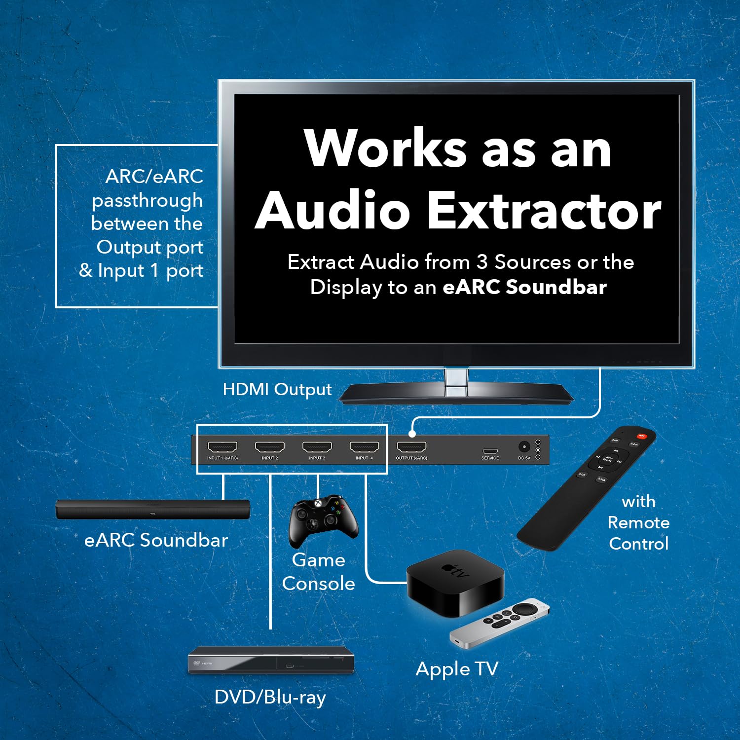 OREI eARC 4K 60Hz Dolby Atmos Audio Extractor Switch with 3 Inputs - Connect ARC/eARC Soundbar. HDMI 2.0 and HDCP 2.2 Compliant - CEC Pass Through - HDR, Dolby Vision and HDR10 Support (HDA-934)