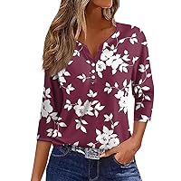 3/4 Sleeve Workout Tops for Women Retro Floral Prints V Neck Button Summer T Shirts Loose Fit Herry Neck Dressy Blouse