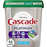 Cascade Platinum Dishwasher Pods, Detergent, Soap Pods, Actionpacs with Dishwasher Cleaner and Deodorizer Action, Fresh, 62 Count