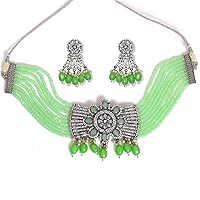 Indian Traditional Bollywood Style silver Platted Moti Chokar Necklace Set with matching Earrings For Woman & Girls