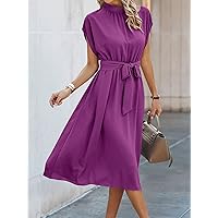 Women's Dress Batwing Sleeve Belted Dress Dress (Color : Purple, Size : Large)