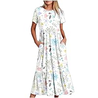 Women's Summer Short Sleeve Casual Dresses Round Neck Strench Floral Beach Party Dress with Pockets Resort Outfits