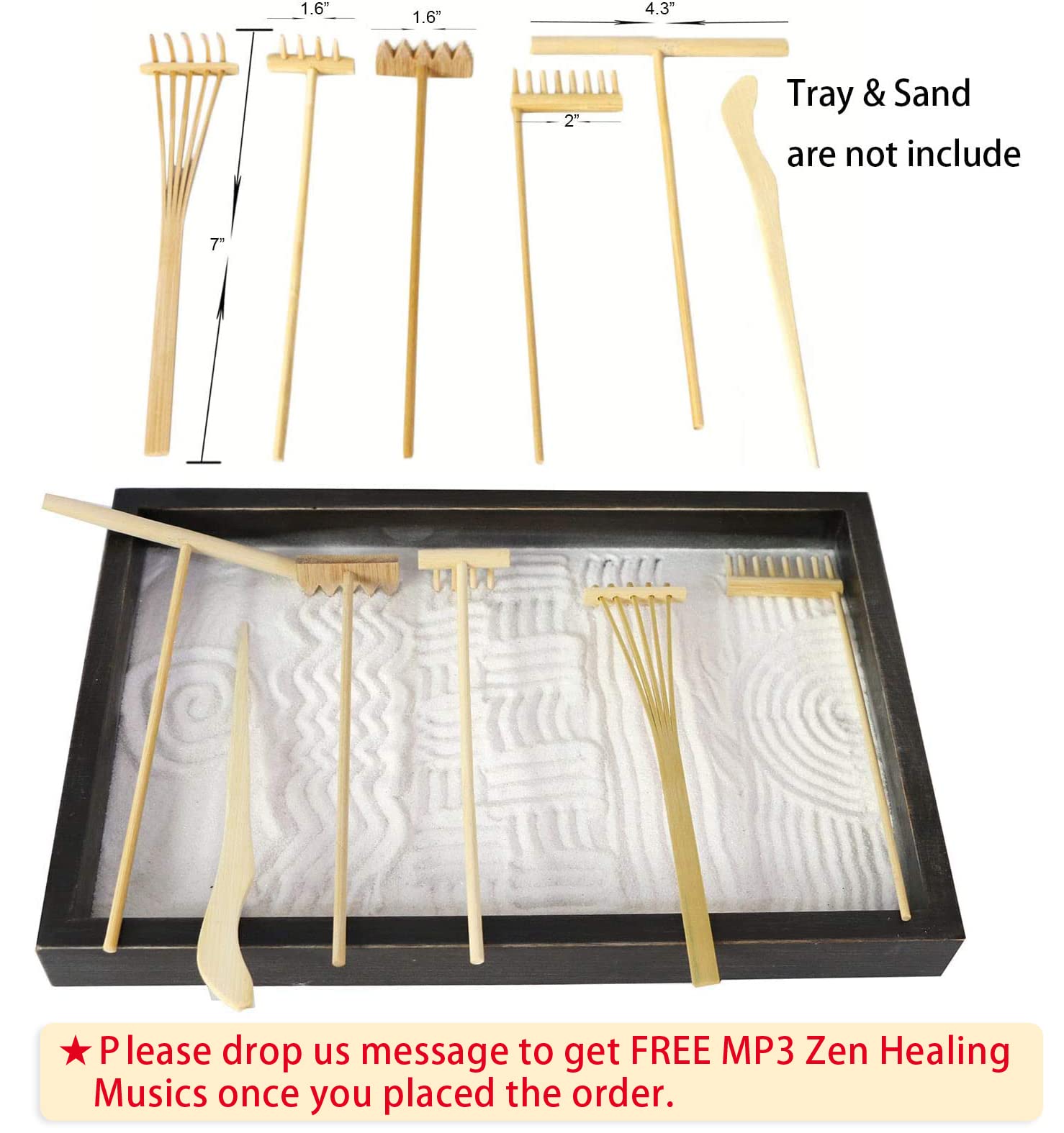 Mini Zen Garden Rake Tool - Tabletop Meditation Rock Sand Garden Kits with Moss Rakes Brusher Spoon Figurines Holder