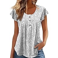 Women's Summer Top, Ruffled Short Sleeved Pleated Button Round Neck Shirt Casual Loose Women's Tunic Top 2024 Fashion Trend