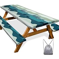 Picnic Table Cover with Bench Covers Camping Essentials Waterproof Windproof Camping Tablecloth with Drawstring Bag, Fitted Rectangle Tables and Seats, 96in, Green Blue