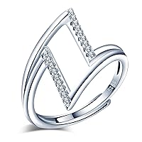 Z Shaped Lightning 925 Sterling Silver Cubic Zirconia Adjustable Ring for Women/Girls, Size 5.5-7.5