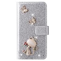 XYX Wallet Case for Xiaomi Redmi Note 9S, Bling Glitter Fox Butterfly Diamond Flip Card Slot Luxury Girl Women Phone Cover, Silver