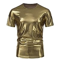 Men's Slim Fit Shiny Metallic Tee Shirts for Nightclub Round Neck Short Sleeve 70s Disco Dancing Party Outfits Tops S-XXL