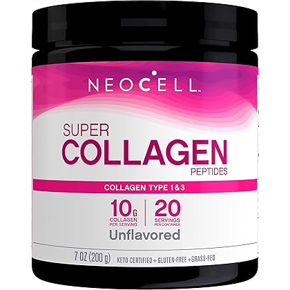 NeoCell Super Collagen Powder, 10g Collagen Peptides per Serving, Gluten Free, Keto Friendly, Non-GMO, Grass Fed, Paleo Friendly, Healthy Hair, Skin, Nails & Joints, Unflavored, 7 Oz