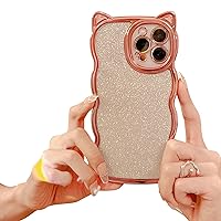 Compatible with iPhone 13 Pro Max Case for Women/Girls, Cute Cat Ears Luxury Plating Glitter Bling Back Curly Wave Anti-Scratch Shockproof Case for iPhone 13 Pro Max, Rose Gold
