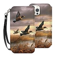 Hunting Flying Wild Ducks Wallet Cases for iPhone 12 Pro Max with Card Holder - Flip Leather Phone Wallet Case Cover with Card Slots and Wrist Strap, 6.7 Inch
