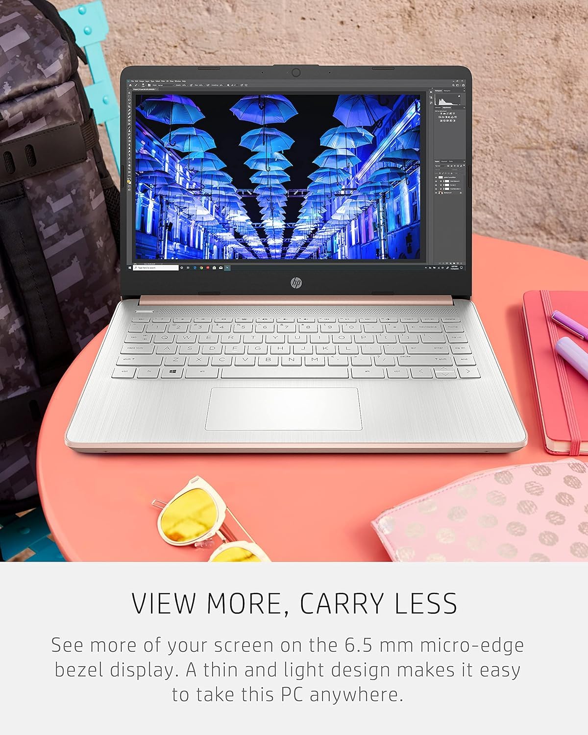 HP 14-inch HD Thin & Light Laptop, Intel Celeron Quad-Core Processor, Long Battery Life, Webcam, Bluetooth, Wi-Fi, P500 SSD, Rose Gold, Win 11 + 1 Year Microsoft 365 (8GB RAM | 320GB Storage)