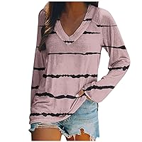 Womens Fall Fashion 2023 V Neck Casual Pullover Basic Long Sleeve Loose Blouses Striped Printed Cute Tunic T Shirts