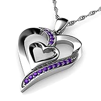 DEPHINI - Double Heart Necklace - 925 Sterling Silver - Heart Pendant - Purple CZ Crystals