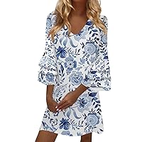 Spring Dresses for Women 2024 3/4 Bell Sleeve Dress V Neck Floral Print Loose Casual Long Tunic Blusa Mini Dress