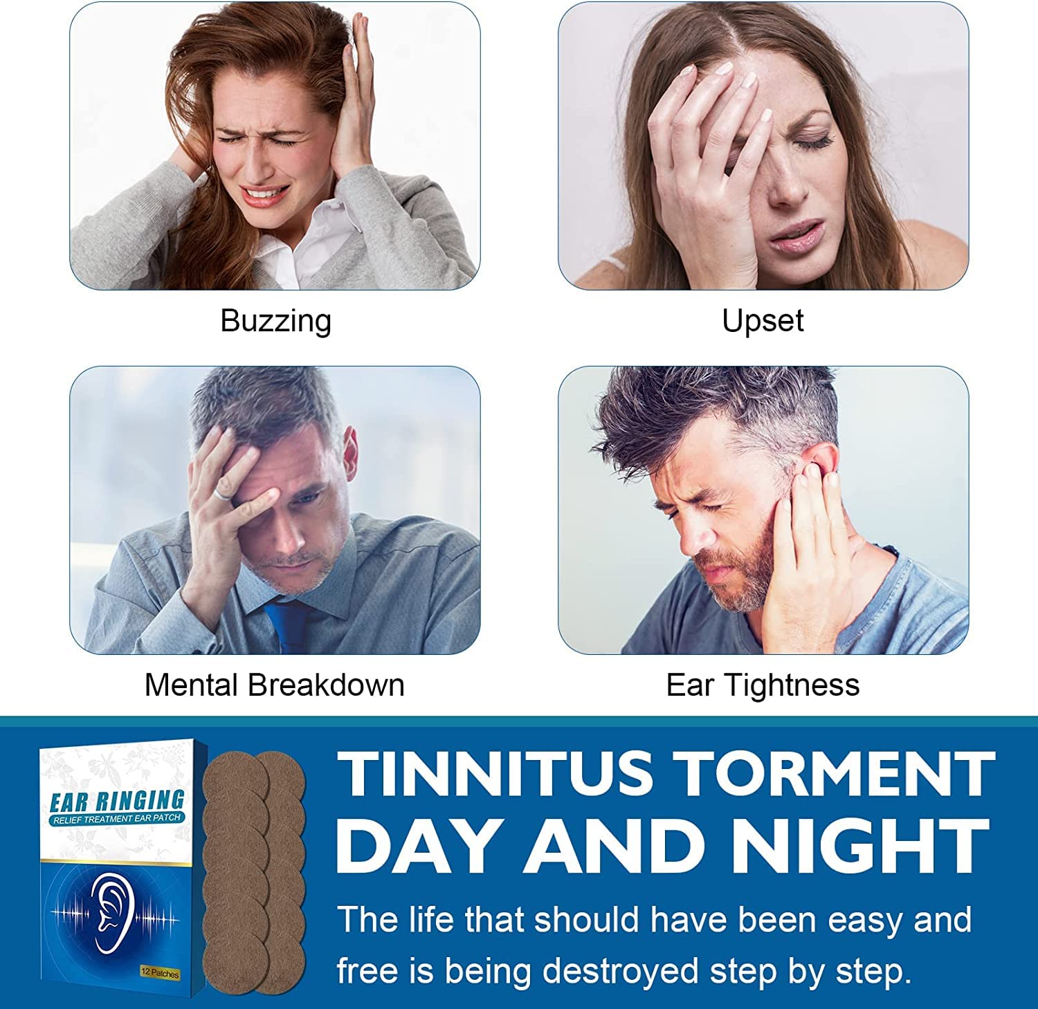 Tinnitus Relief for Ringing Ears, Tinnitus Relief Patches for Hearing Loss and Ear Pain Relief, Natural Herbal Tinnitus Relief Treatment Patches, 12Pcs/1Pack