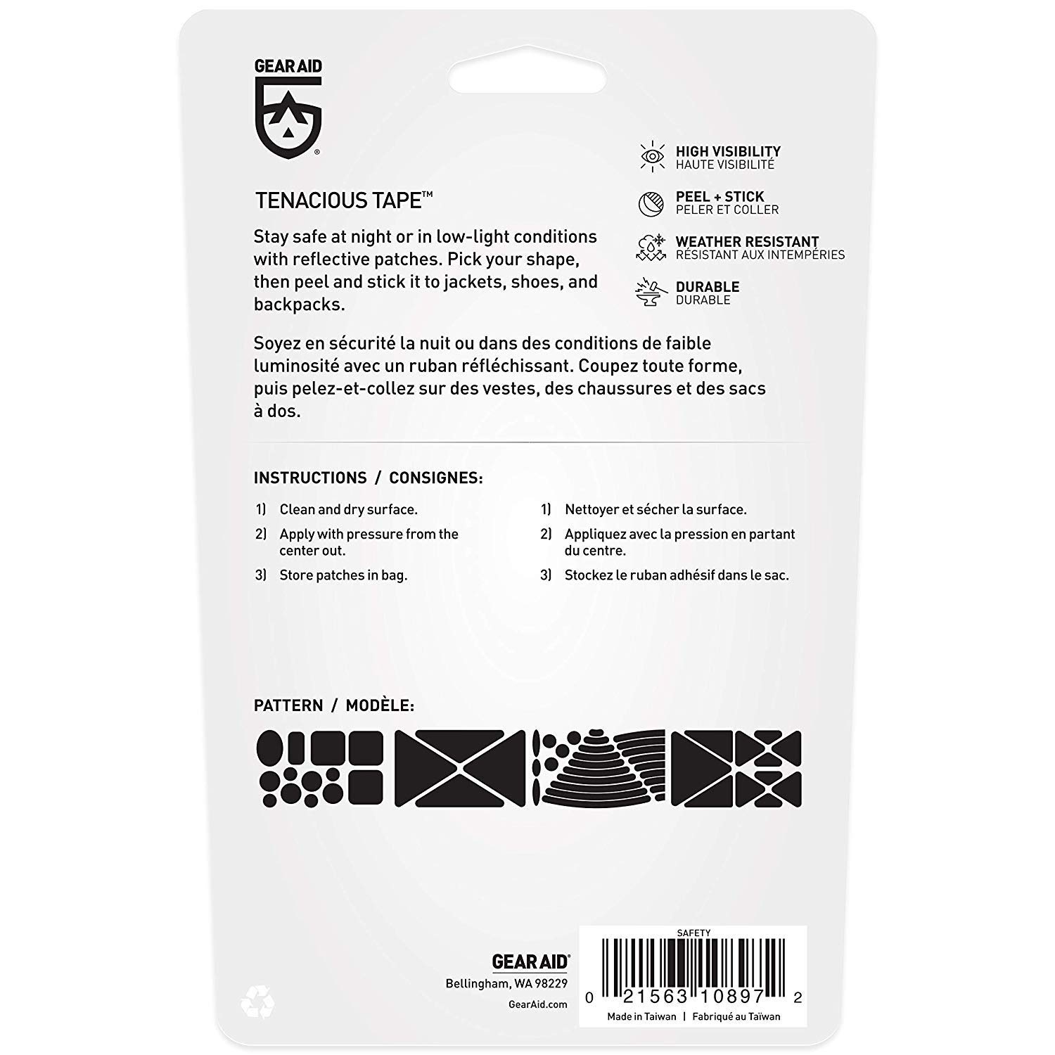 GEAR AID Tenacious Tape Reflective Patches for Safety, Jackets, Bike and Outdoor Gear, Various Sizes, Silver, 2-pk