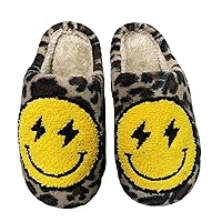 Women's Men's Bolt Happy Lightning Happy Face Slippers Vintage Leopard Happy Face Slippers Memory Foam Soft Plush Slippers Warm Non-Slip Home Shoes