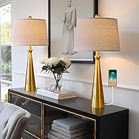 Oneach 25.75” Modern Table Lamps with USB Port Set of 2 Accent Gold Nightstand Lamp for Living Room Bedroom Office Antique Brass