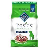 Blue Buffalo Basics Adult Grain-Free Dry Dog Food for Skin & Stomach Care, Limited Ingredient Diet, Made in the USA with Natural Ingredients, Lamb & Potato Recipe, 4-lb. Bag