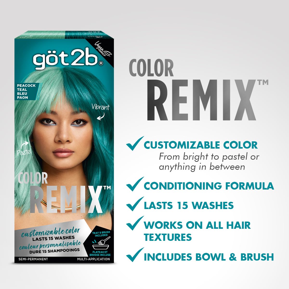 Got2b Color Remix, Customizable Semi-Permanent Hair Color, 097 Peacock Teal