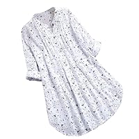 Flygo Women's Vintage Floral Printed Button Cotton Linen Rolled-up Sleeve Dresses Shirts