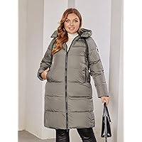 2022 Women's Plus Size Coats Fashion Plus Zip Up Drawstring Hooded Patched Detail Puffer Coat Work Leisure Fashion Comfortable Warm (Color : Camel, Size : 3X-Large)