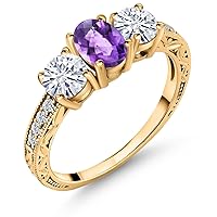 Gem Stone King 18K Yellow Gold Plated Silver 3-Stone Ring Oval/Checkerboard Purple Amethyst and Moissanite (1.87 Cttw)