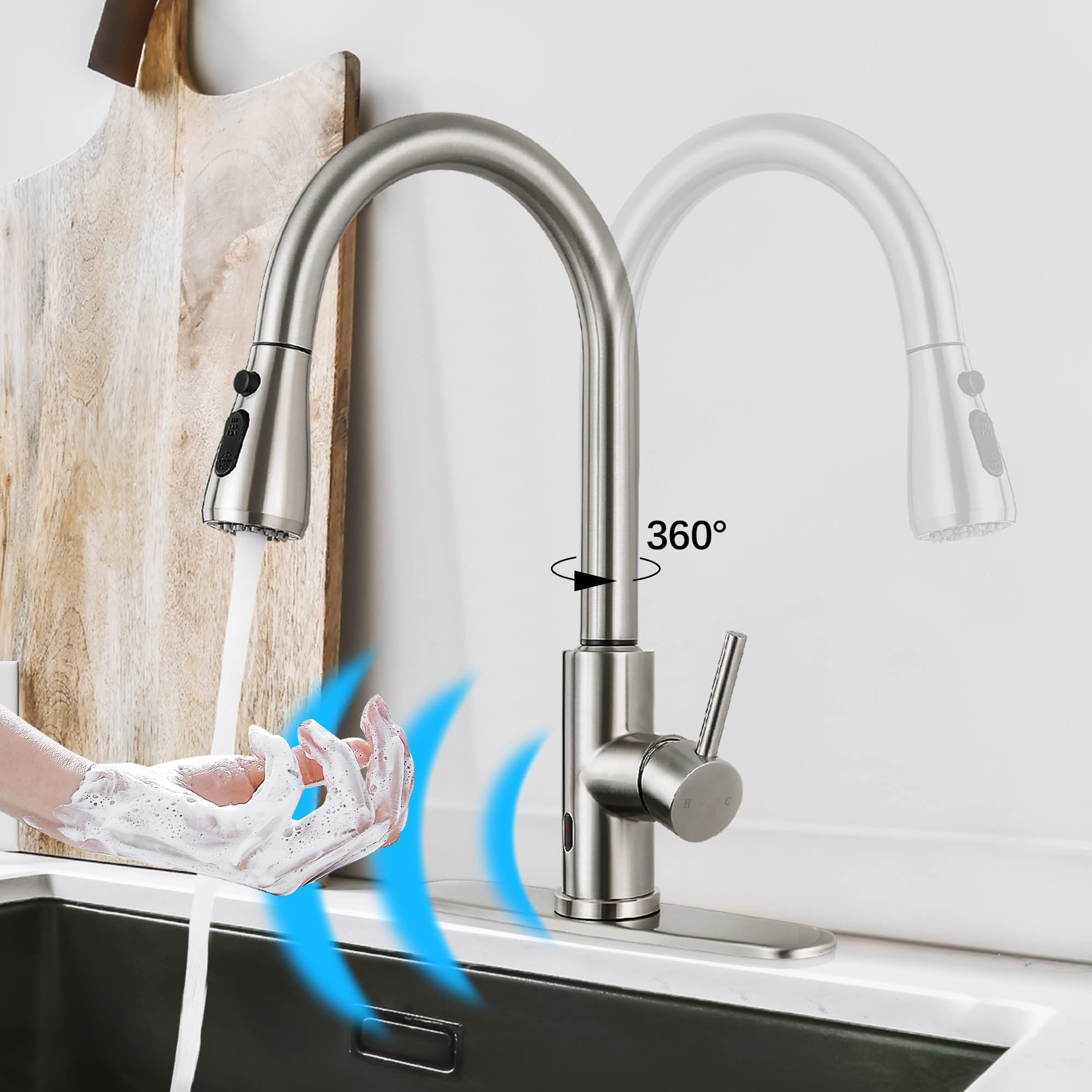FGKQ Touchless Kitchen Faucet with Pull Down Sprayer, Brushed Nickel High Arc Single Handle Single Hole Commercial Kitchen Sink Faucet for Bar rv