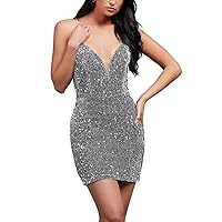 Lcybem Spaghetti Strap Sequin Homecoming Dresses Tight Sparkly Short Prom Dress Sexy Backless Cocktail Mini Dress for Teens