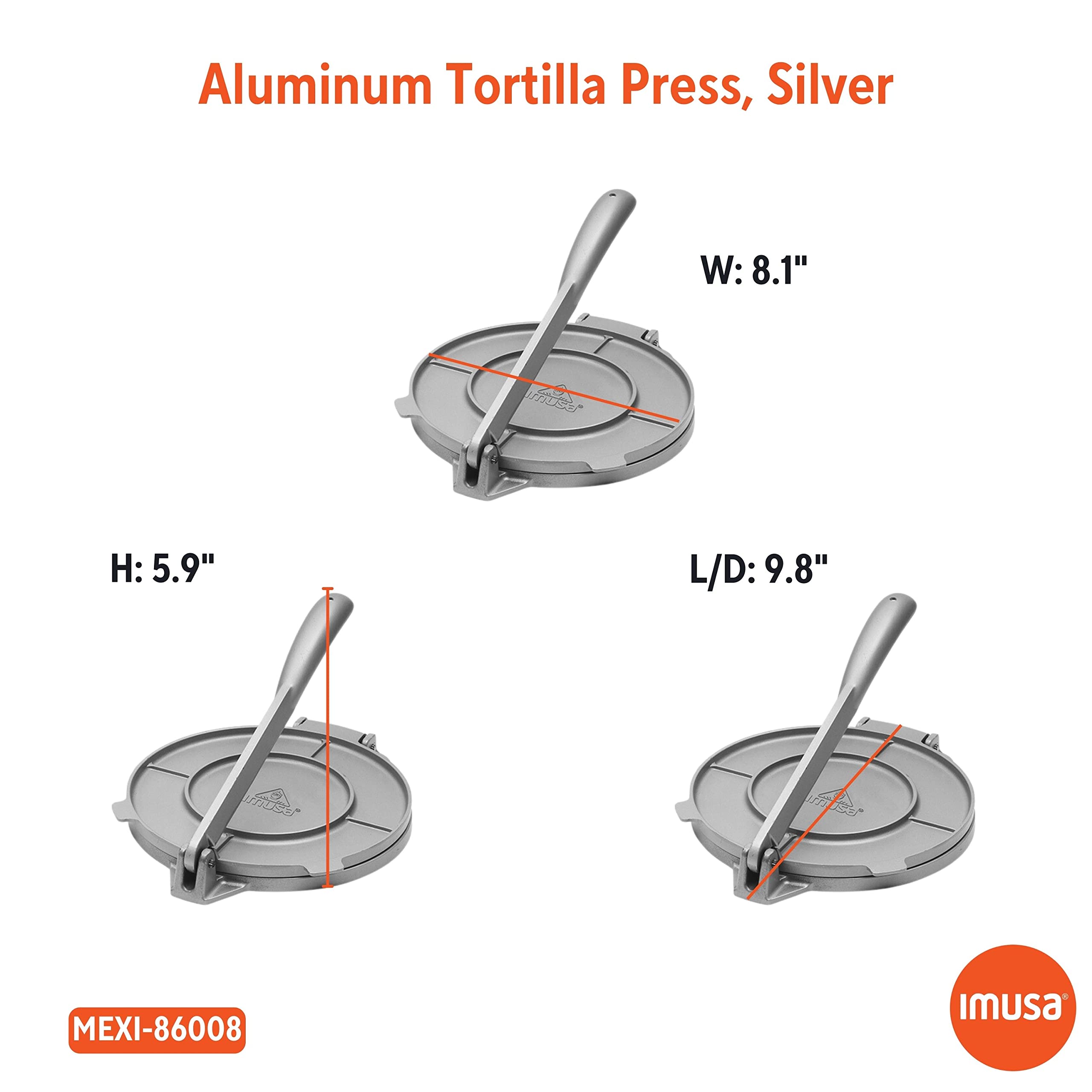 IMUSA USA 8-in. Aluminum Tortilla Press, 8 Inch, Silver
