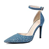 Women's Denim Stiletto Heels Rhinestone Pointed Toe Ankle Strap High Heel Pump Shoes for Wedding Party Dressy