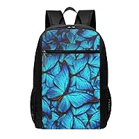 Many Blue Butterfly Print Simple Sports Backpack, Unisex Lightweight Casual Backpack, 17 Inches