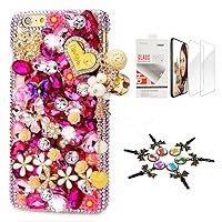 STENES Bling Case Compatible with iPhone XR - Stylish - 3D Handmade [Sparkle Series] Wood Heart Pearl Pendant Butterfly Flowers Design Cover with Screen Protector [2 Pack] - Red