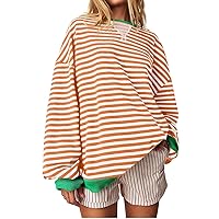 UOFOCO Women's 2024 Spring New Oversized Striped Sweatshirt Long Sleeve Crew Neck Sports Casual Loose Pullover Shirt Top