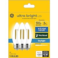 GE Ultra Bright LED Light Bulbs, 100W, Daylight Candle Lights, Clear Decorative B12 Light Bulbs (3 Pack)