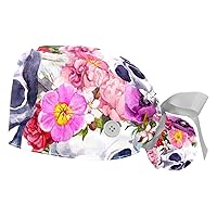 Adjustable Scrub Bouffant Caps, 2 Pcs Flower Leaf Working Hat Hair Cover with Ponytail Pouch, Soft Surgical Nurse Cap